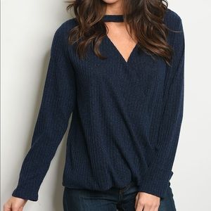 Long Sleeve, Navy Choker Top